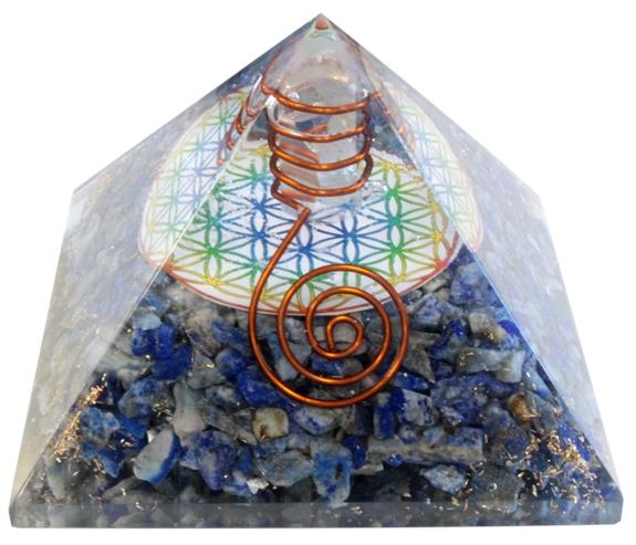 PYRAMIDE ORGONITE LAPIS LAZULI AVEC SYMBOLE FLEUR DE VIE