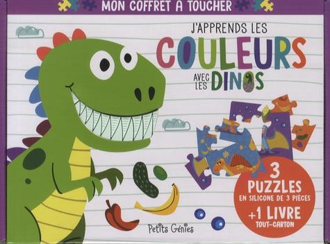 J'apprends les couleurs avec les dinos. Coffret avec 3 puzzles en silicone de 3 pièces et 1 livre to