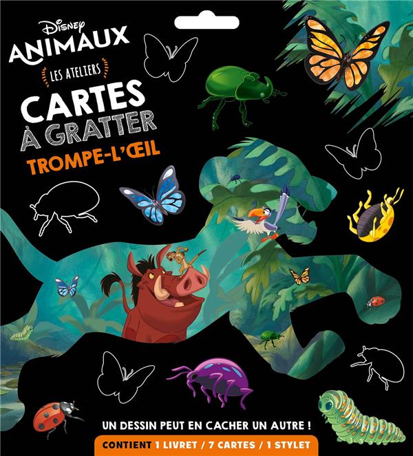 Cartes à gratter trompe-l'oeil Disney animaux. Les ateliers. Contient : 1 livret, 7 cartes, 1 stylet