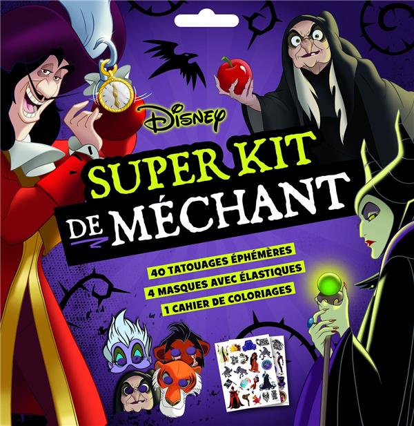 Super kit de méchants Disney. Avec 40 tatouages éphémères, 4 masques avec élastiques et 1 cahier de