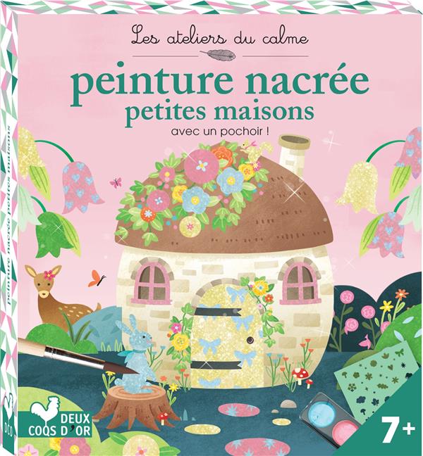 Peinture nacrée petites maisons. Avec 3 tableaux, 1 pochoir, 1 pinceau et 1 palette de peinture nacr