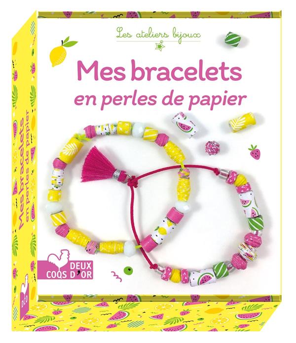 Mes bracelets en perles de papier. Avec 2 cordons élastiques, 4 perles à facettes blanches, 4 perles