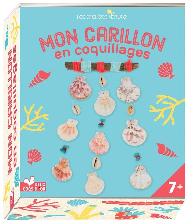 Mon carillon en coquillages. Avec 1 morceau de bois, 9 coquillages plats, 4 coquillages cauris, 1 pe
