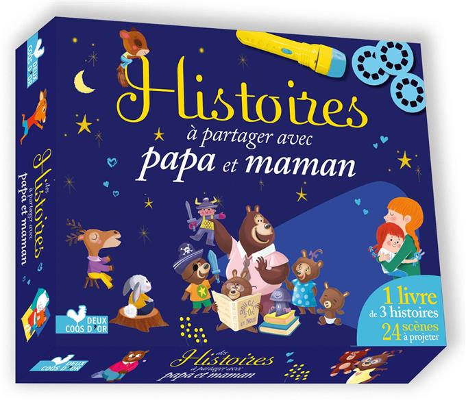 Histoires à partager avec papa et maman. Coffret avec 1 livre de 3 histoires, 1 lampe de poche et 24