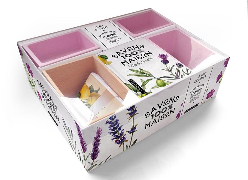 Savons 100% maison. Coffret avec 1 moule en bois, 2 petits moules et un livret de 48 pages