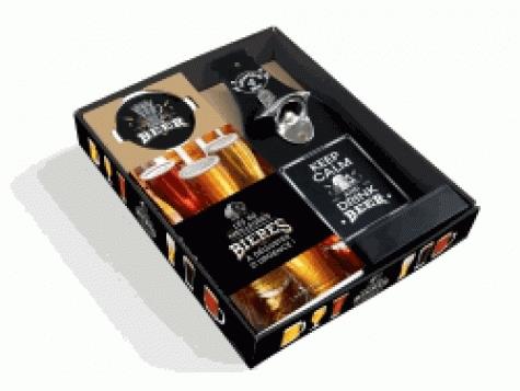 Coffret Les 50 meilleures bières. Contient 1 livre, 1 décapsuleur mural, 4 sous-brocks