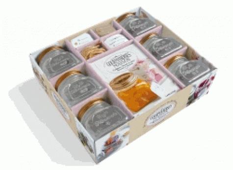 Coffret Gourmandises maison. Confitures, biscuits & autres douceurs à savourer. Contient : 6 bocaux