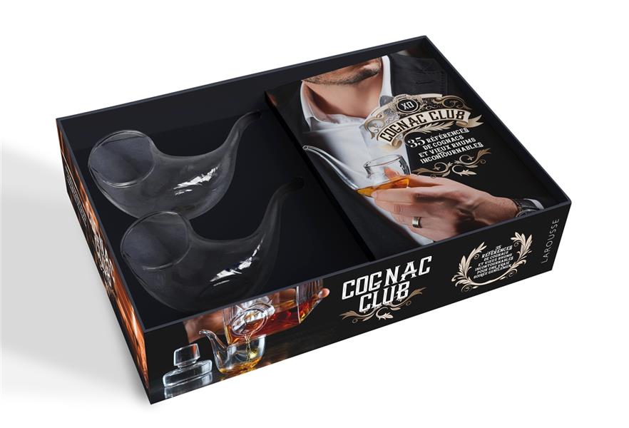 Coffret Cognac club. Contient : 2 pipes à alcool en verre de 50 ml et 1 livre