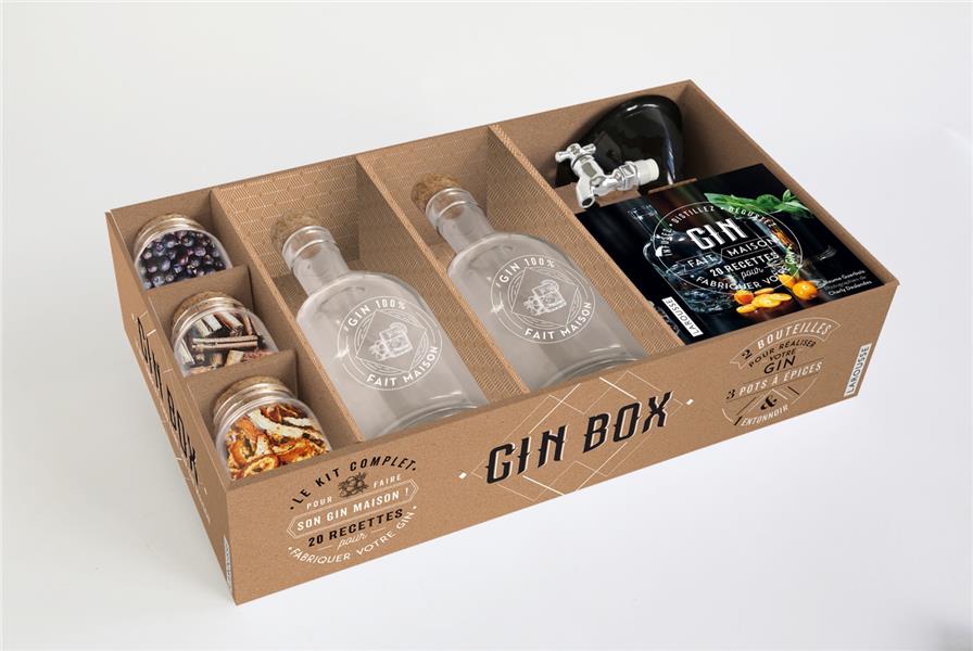 Gin box. Coffret avec 2 bouteilles pour réaliser votre gin, 3 pots à épices & 1 entonnoir