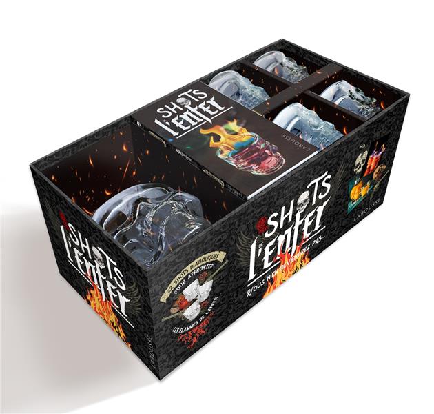 Shots de l'enfer. Coffret avec 1 carafe en forme de tête de mort et 4 verres à shots assortis
