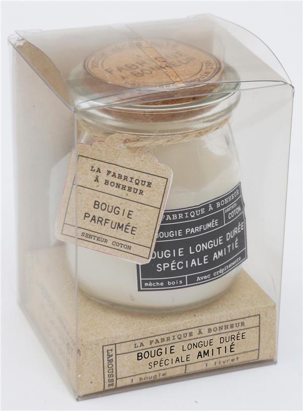 Bougie longue durée spéciale amitié. 1 bougie senteur coton et 1 petit livret 100% amitié