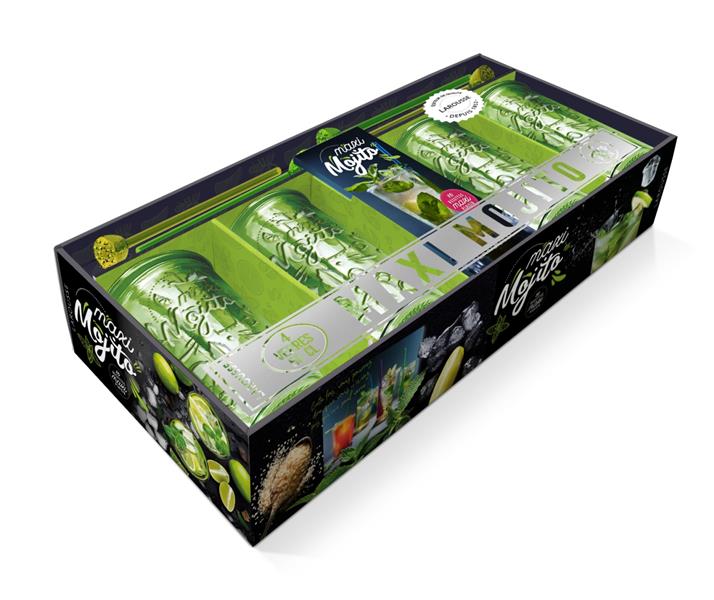 Coffret Maxi Mojito. Le livre de recettes de cocktails avec 4 verres et 4 pailles-pilon