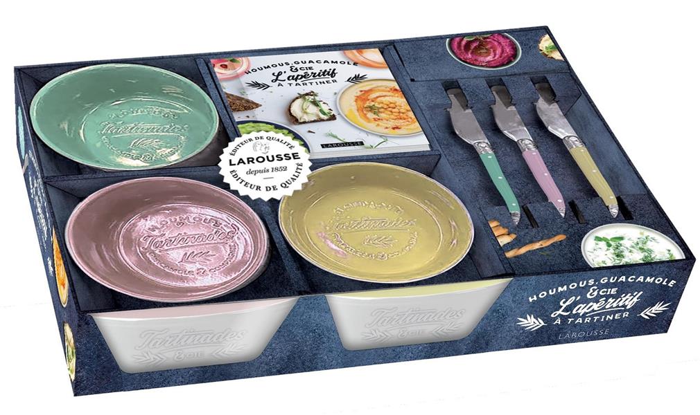 Coffret Houmous, guacamole & Cie. L'apéritif à tartiner. Avec 3 bols en céramique et 3 couteaux à ta