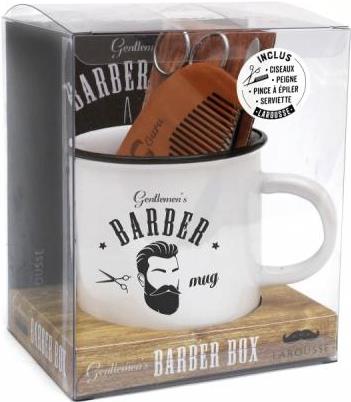 Gentlemen's barber box. Avec 1 paire des ciseaux, 1 peigne, 1 pince à épiler, 1 serviette, 1 mug