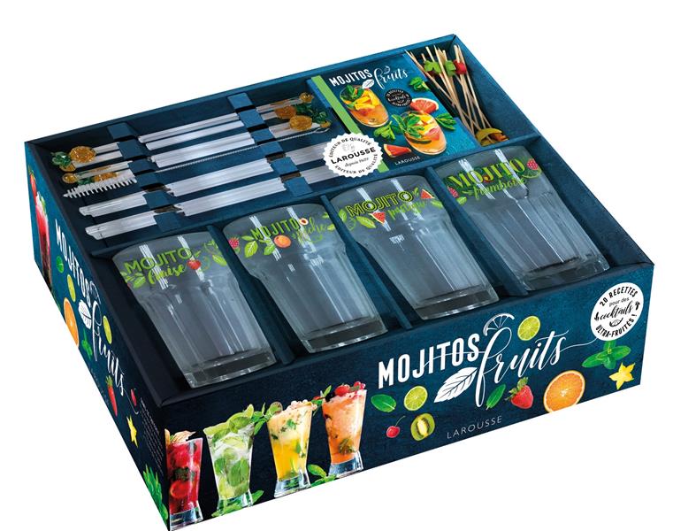Mojito fruits. Coffret avec 4 jolis verres à mojito, 4 pailles en verre, 4 agitateurs ananas en verr