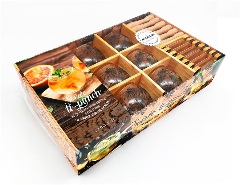 Coffret Soirée ti-punch. Le livre de 20 recettes avec 6 verres, 6 mini-pilons, 6 petites pailles et