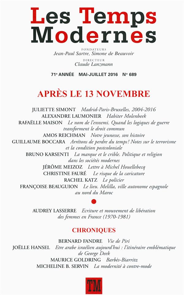 Les Temps Modernes N° 689, mai-juillet 2016 : Après le 13 novembre