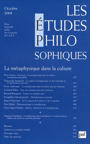 Les études philosophiques N° 4, Octobre 2008 : La métaphysique dans la culture