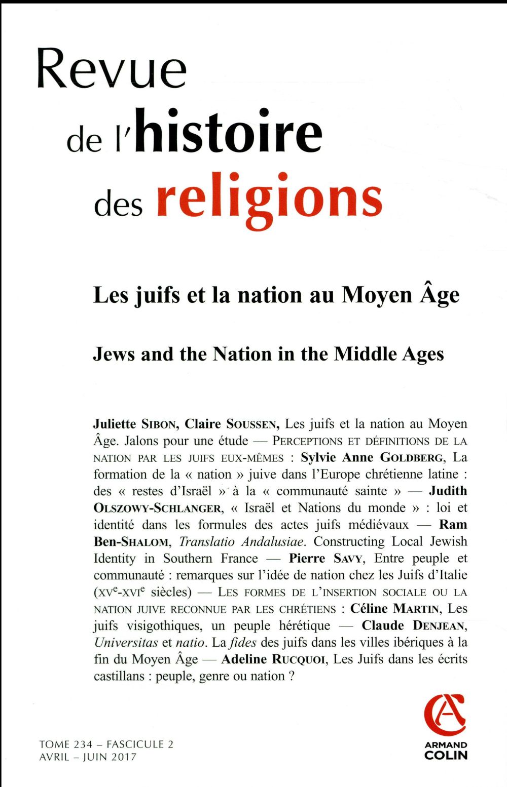 Revue de l'histoire des religions N° 2/2017 : Les Juifs et la nation au Moyen-Age