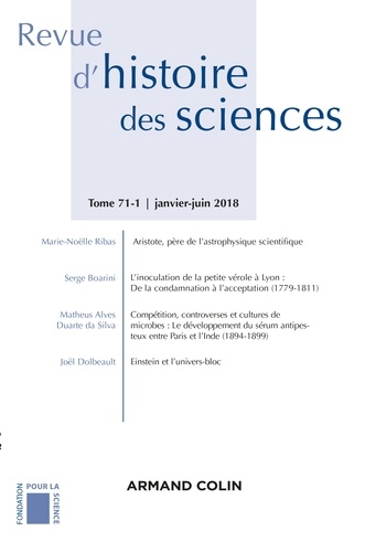 Revue d'histoire des sciences N° 1/2018 : Sciences, pouvoirs et culture matérielle