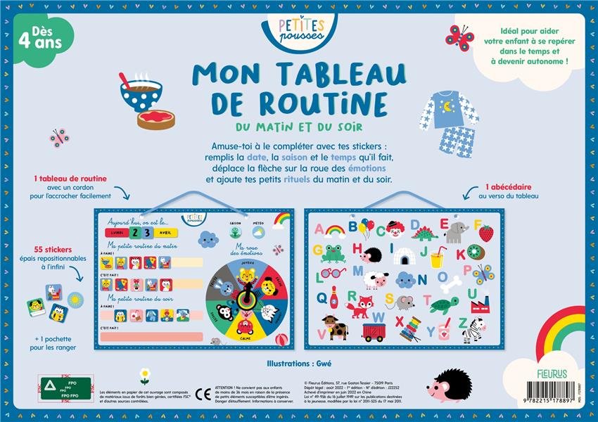 Mon tableau de routine du matin au soir. Avec 1 tableau de routine ; 55 stickers ; 1 pochette pour l