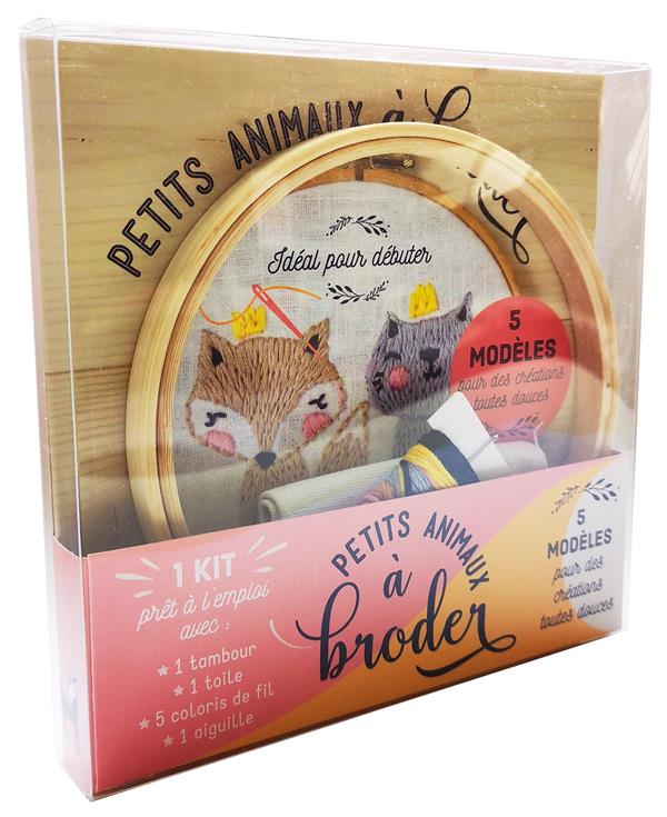 Coffret Petits animaux à broder. 1 kit prêt à l'emploi avec : 1 tambour, 1 toile, 5 coloris de fil,