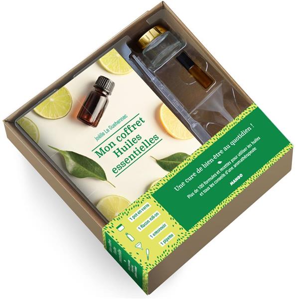 Mon coffret huiles essentielles. Contient : 1 livre, 1 pot en verre, 1 flacon roll-on, 1 entonnoir,