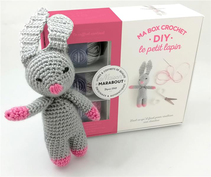 Ma box crochet DIY le petit lapin. Avec 3 petites pelotes, 1 aiguillée de fil noir, 1 crochet, du re