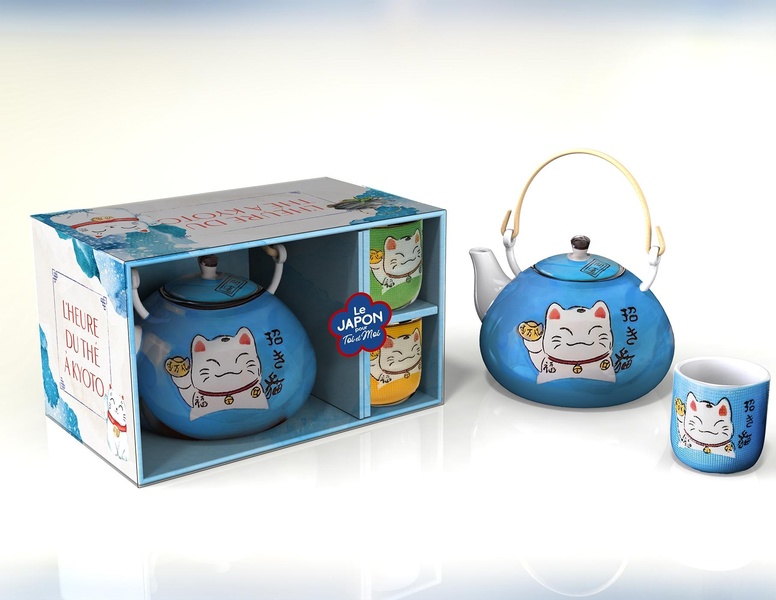 Un thé au Japon pour toi et moi. 1 théière japonaise, 2 tasses à thé Maneki Neko, 1 livre de recette