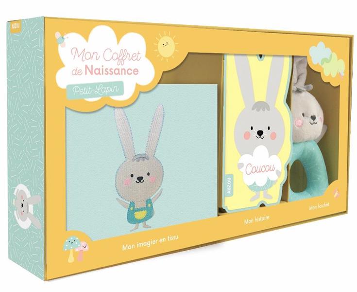 Mon coffret de bébé Petit lapin. Contient : 1 imagier en tissu, 1 hochet, 1 livre carton