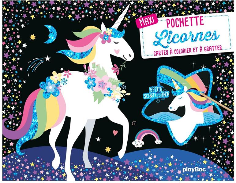 Maxi pochette Licornes. Cartes à colorier et à gratter