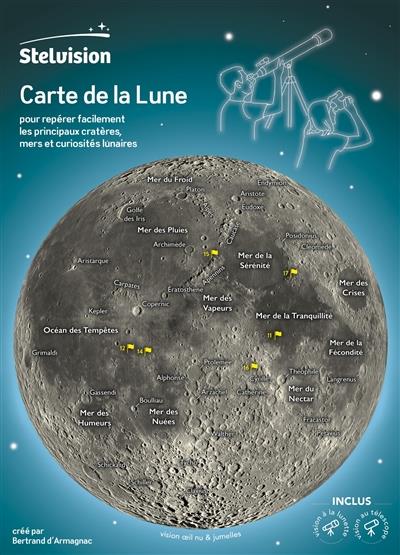 Carte de la Lune. Pour repérer facilement les principaux cratères, mers et curiosités lunaires