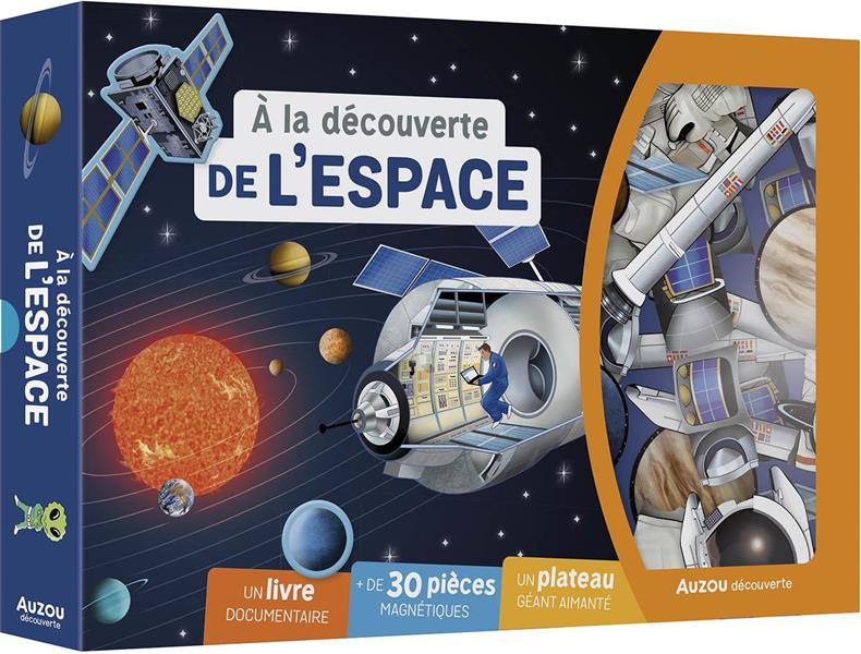 A la découverte de l'Espace. Coffret avec un livre documentaire, de 30 pièces magnétiques, un plat
