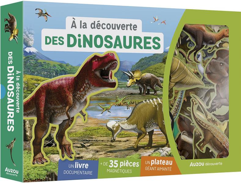 A la découverte des dinosaures. Coffret avec un livre documentaire, de 30 pièces magnétiques, un p