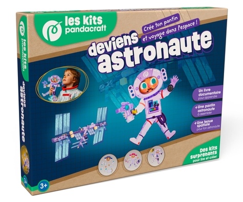 Deviens astronaute. Coffret avec 1 livre documentaire, 1 pantin astronaute, une tenue spatiale et un