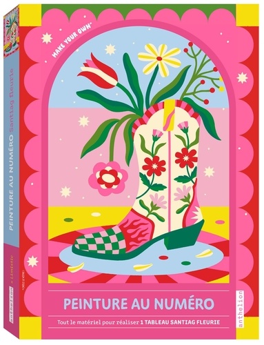 Peinture au numéro Santiag fleurie. Avec 1 tableau, 1 modèle couleur, 9 godets de peinture, 2 pincea