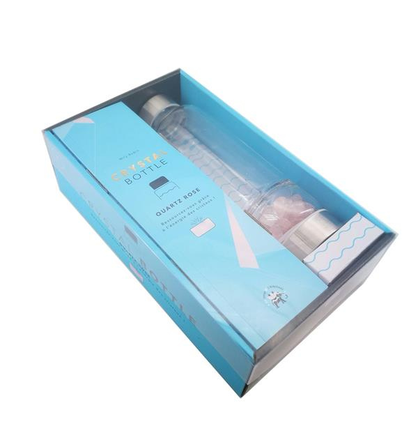 Coffret Crystal Bottle Quartz Rose. Avec une gourde en verre avec une base amovible, des cristaux de