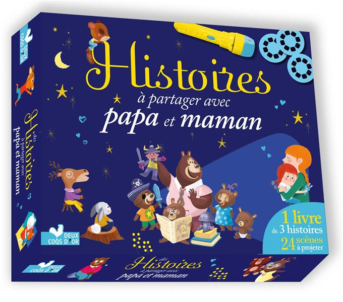 Histoires à partager avec papa et maman. Coffret avec 1 livre de 3 histoires, 1 lampe de poche et 24