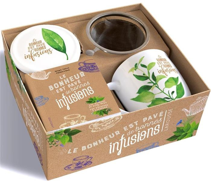 Coffret Le bonheur est pavé de bonnes infusions. Contient : 1 livre, 1 tasse et 1 passoire