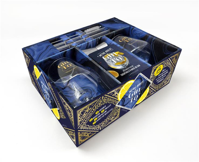 Métro, boulot, Gin To ! Coffret avec 2 verres, 2 pailles en verre, 1 doseur, 1 goupillon et 1 livret