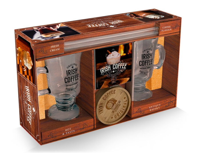 Irish Coffee, hot & tasty. Coffret avec 2 verres à Irish coffee, 2 pailles en verre, 1 goupillon, 2