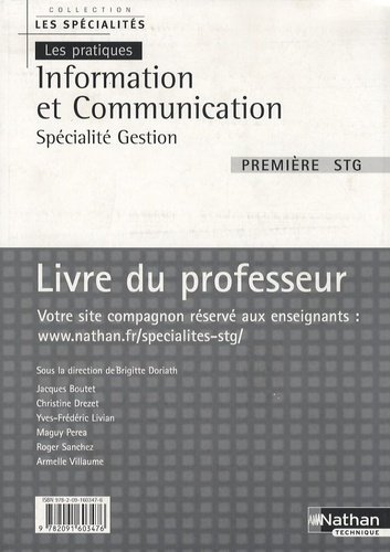 Information et Communication 1e STG spécialité gestion. Livre du professeur