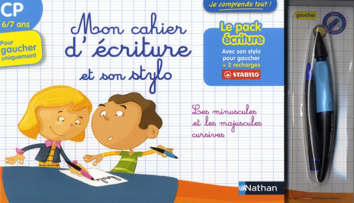 Mon cahier d'écriture et son stylo pour gaucher uniquement . Les minuscules et les majuscules cursiv