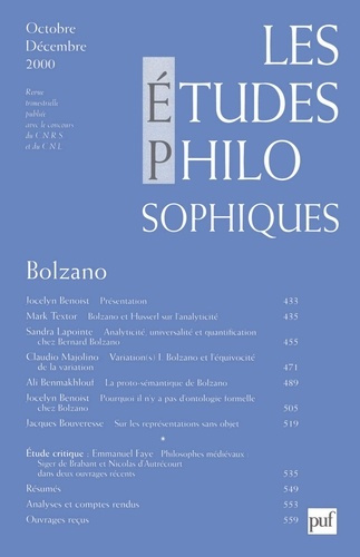 Les études philosophiques N° 4, Octobre-Décembre 2000 : Bolzano