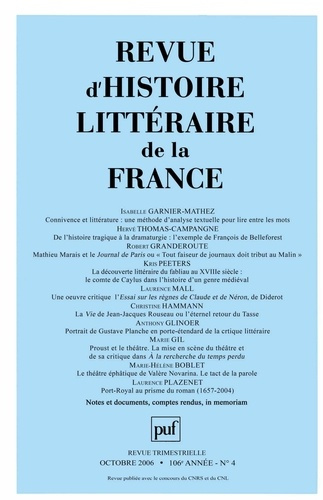 Revue d'histoire littéraire de la France N° 4, Octobre 2006