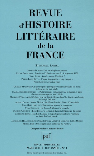Revue d'histoire littéraire de la France N° 1, Janvier-mars 2009 : Stendhal, Lamiel