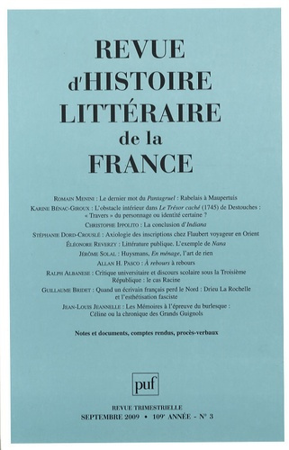 Revue d'histoire littéraire de la France N° 3, Septembre 2009