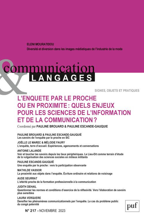 Communication et Langages N° 217, novembre 2023 : L’enquête par le proche ou en proximité : quels en
