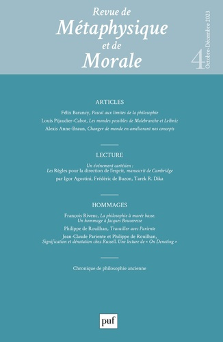 Revue de Métaphysique et de Morale N° 4, novembre-décembre 2023