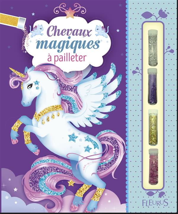 Chevaux magiques à pailleter. Avec 4 cartes à décorer, 4 tubes de paillettes, 1 pique en bois, 1 pin